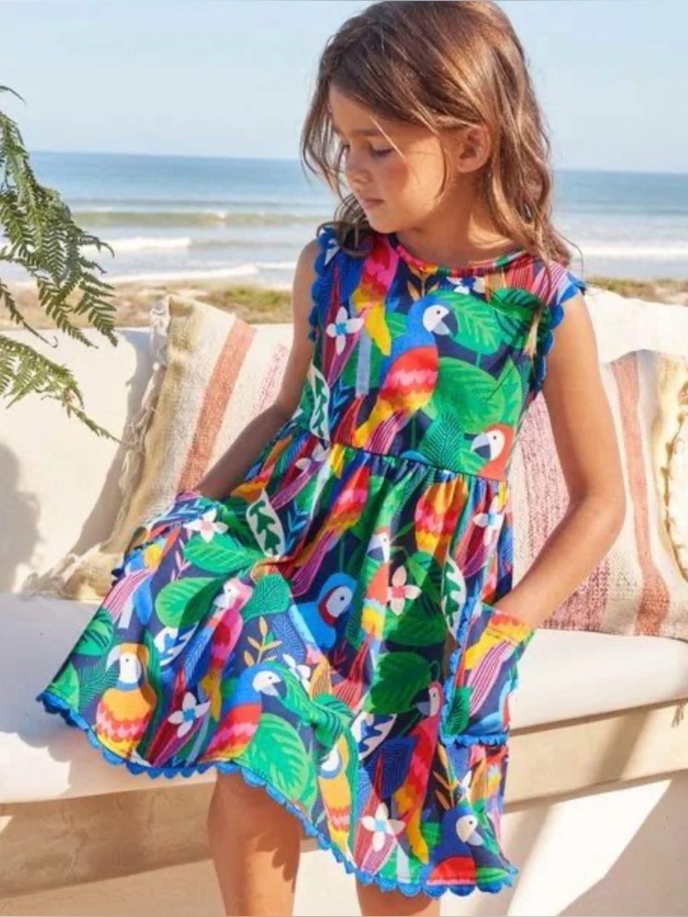 Mini Boden Kids' Scallop Trim Cotton Jersey Dress Size 7-8Y Multi Parrots Print